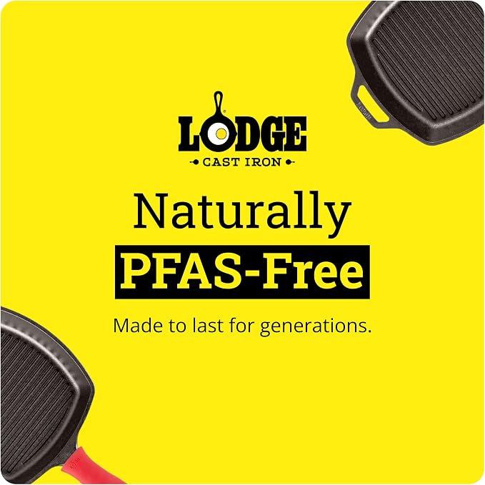 Lodge Square Cast Iron Grill Pan 10.5 Inches - Pre-Seasoned Square Skillet - Ridged Burger Grill Pan - Even Heat Distribution - PFAS-Free Non-Toxic Cookware