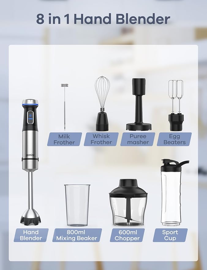 Ganiza Immersion Blender Handheld Corded 8 in 1 Hand Blender Max 1000W | 16 Speed Stick Emulsifier with Beaker, Chopper, Whisk, Frother, Potato Masher and Portable Bottle for Soup, Puree, Smoothies
