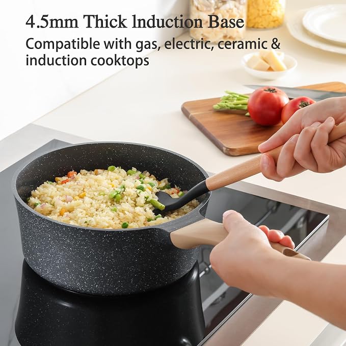 Nonstick Saucepan with Lid, 2 Quart German Greblon Ceramic Sauce Pan, Non Toxic Sauce Pot with Cover for Multipurpose Use, PTFE, PFOA & PFAS Free, Induction Compatible.