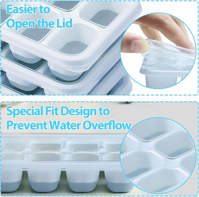 DOQAUS Ice Cube Tray with Lids, 4 Pack Silicone Ice Trays for Freezer | Silicone BPA & LFGB Safe, Easy Release for Kitchen, RV, Cocktail, Coffee, Soup & Food