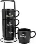 Signature Housewares Stackable Coffee Mug Tower Set with Metal Wire Rack - 15 Ounce Coffee Mugs for Coffee, Tea, Cocoa, Milk, Cappuccino, Hot Chocolate Set of 4 - Be Happy Matte Black