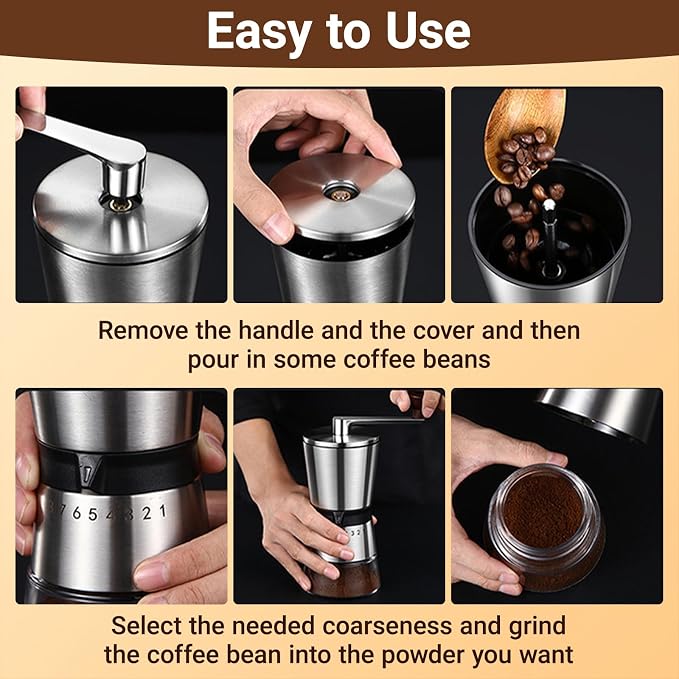 Ceramic Burr Manual Coffee Grinder with 8 Adjustable Coarseness Settings | For Cold Brew Espresso Beans French Press Pour Over Drip,Stainless Steel Hand Crank Coffee Mill for Home Use Travel Camping