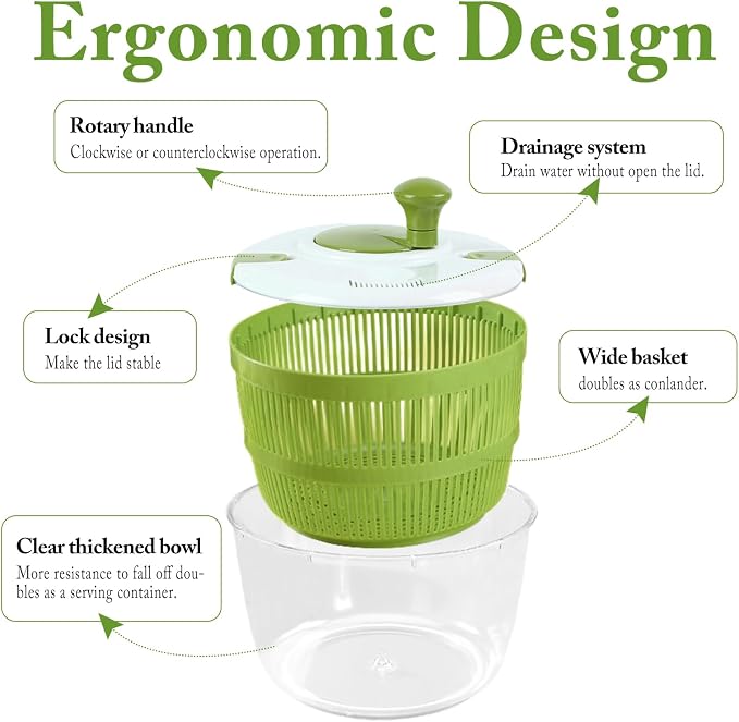 Large Salad Spinner with Lid, 5 Qt Capacity, Manual Vegetable Dryer with Double-Lock Handle, Quick and Easy Multi-Use Lettuce Spinner, Vegetable Dryer, Fruit Washer