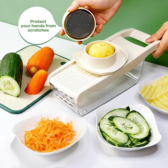 6-in-1 Mandoline Slicer for Kitchen, Food-Grade Veggie Cutter with Drainage Container, Stainless Steel Blades, BPA-Free & Non-Slip, White Plastic/Stainless Steel Options (white)