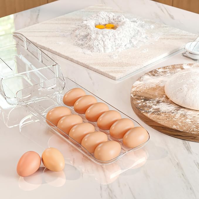 theaoo Egg Holder for Fridge, Automatic Rolling Egg Container, Clear, 2Pack | Quick Removable Inner Tray For Easy Egg Loading. Stackable Egg Dispenser For Refrigerator Storage and Organization