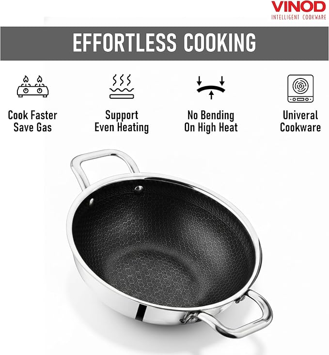 Vinod Nutri-Tech Triply Non Stick Kadai for Indian Cooking (22 cm Diameter, 2.4 Litres Capacity) | Scratch Resistant Kadhai for Deep Frying | Multipurpose Indian Cookware | Includes Lid