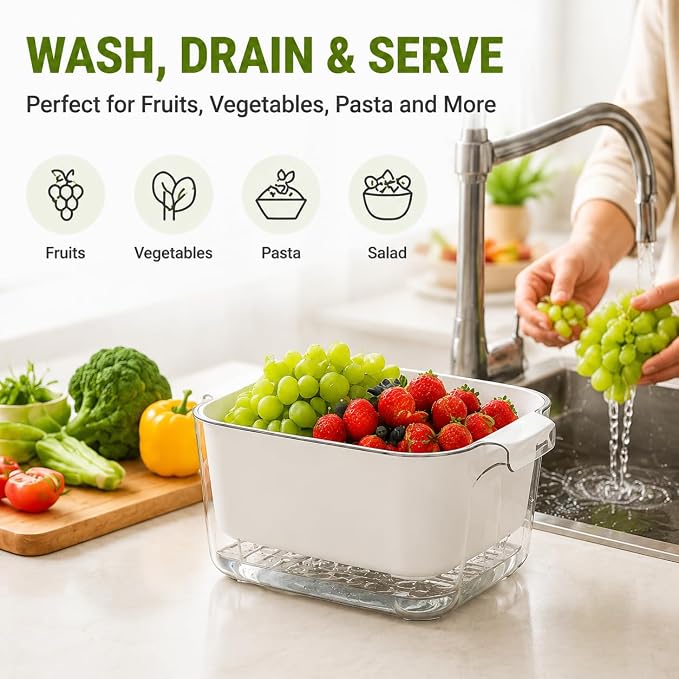Double Layer Draining Basket for Kitchen, Fruit & Vegetable Washing Colander with Water Catch Tray, Food Grade Drain Basket, Large Capacity Produce Washer, Kitchen Strainer Bowl, Easy to Clean