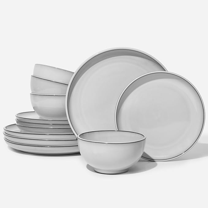 12 piece Santorini Mist Terracotta Reactive Glaze Plates and Bowls Sets, Stoneware Dinnerware Sets, Microwave and Dishwasher Safe Ceramic Dish Set Service for 4, Moonstone White