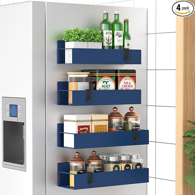 Metal Magnetic Spice Rack for Refrigerator Royal Blue, 4 Pack | Magnetic Shelves Heavy Duty for Fridge in Kitchen, Seasoning Storage Organizer, For Oven Washer and Dryer, For Heavier Items