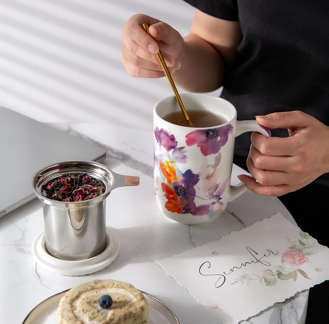 AmorArc Tea Cup With Infuser and Lid, 18oz Loose Leaf Tea Mug With Steeper | Porcelain Tea Mug With Infuser and Lid, Large Strainer Tea Cup with Lid for Tea, Coffee Mug for House-warming Birthday Gift