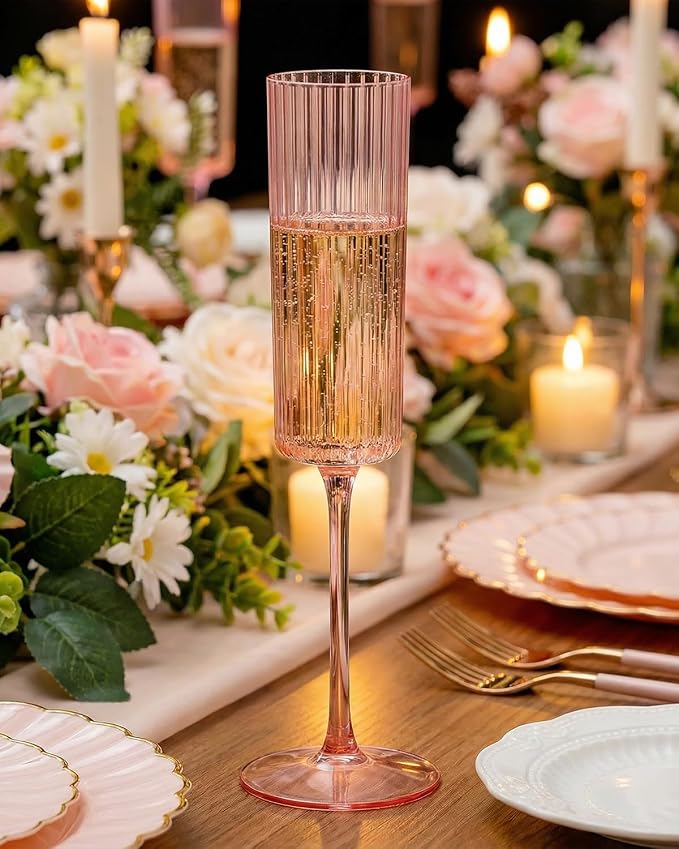 Ciaell 24 Pack Pink Plastic Champagne Flutes for Mimosa Bars | 6 oz Pink Long Stem Vintage Ribbed Mimosa Glasses, Heavy Duty Plastic, Champagne Mimosas Wine Cocktails for Weddings Parties