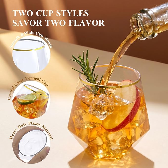 BESTSTAR 24 Pack Gold Rim Plastic Wine Glasses Set, BPA-Free Shatterproof | 12 9 OZ Stemless Champagne Flutes & 12 12OZ Diamond Wine Whiskey Glasses, Clear Drinkware for Weddings, Parties & Events