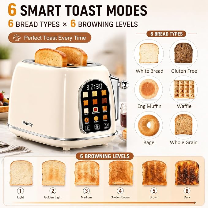 Mecity Toaster 2 Slice, Touch Screen Wide Slot Retro Toaster For Breads Bagel Muffin Waffle, House Warming Gift New Home, 120V 825W, Cream Color