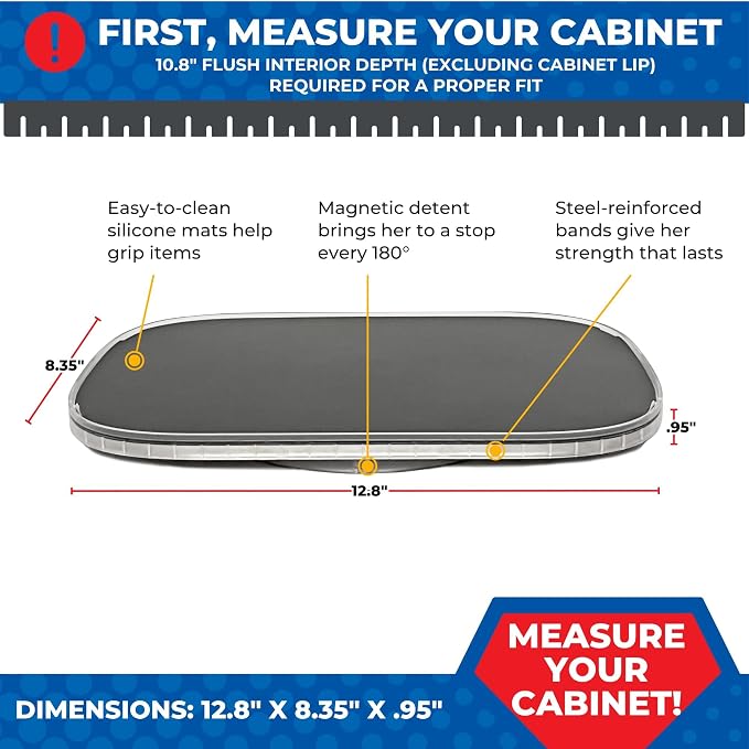 Organizer for Cabinet Steel-Reinforced 1-Tier Rotating Kitchen Organizer – Rectangular Turntable for Kitchen Cabinets – Holds Up to 30 lbs with Non-Slip Mat for Refrigerator Storage | Steel-Reinforced Single Shelf, Holds Up to 30 lbs, Magnetic Detent, ...