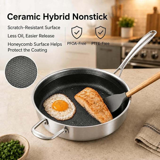 DELARLO Tri-Ply Hybrid Stainless Steel 10 Inch Saute Pan,3QT Chef Cooking Pan,Anti-Scratch,Compatible with All Cooktops,Oven Up to 660℉,Chicken Fryer,Dishwasher-Friendly（Detachable handle）