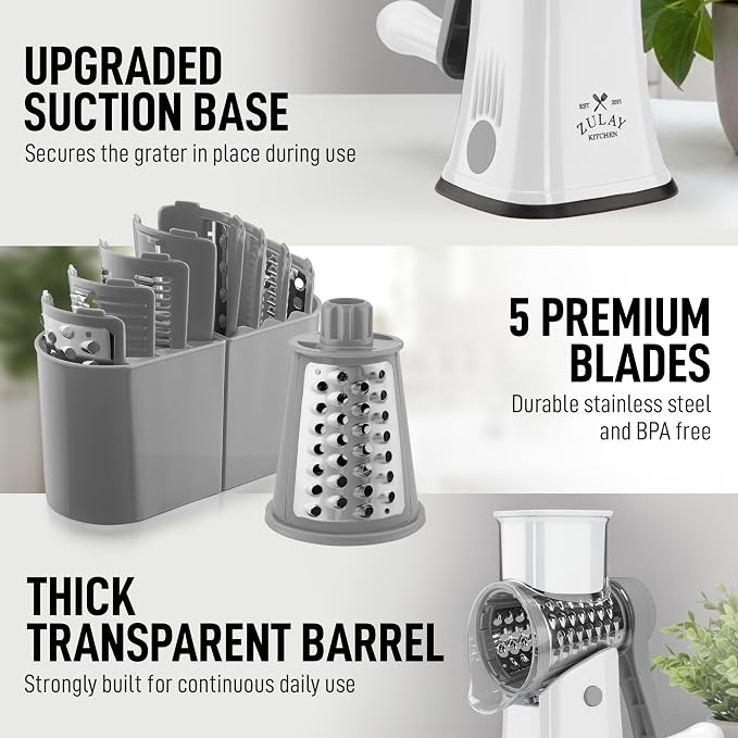 Zulay Kitchen Rotary Cheese Grater 5 Blade Cheese Shredder - Manual Hand Crank Cheese Grater With Reinforced Suction & 5 Interchangeable Drums - Easy to Use, Vegetable Chopper Round Mandoline Slicer