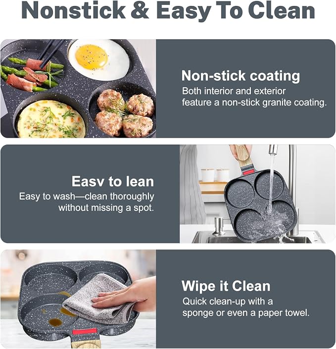 4‑Cup Nonstick Egg Pan Set with Lid – Aluminum Omelette Skillet for Breakfast, Includes Silicone Scraper, Oil Brush, Chopsticks & Cleaning Cloth – Compatible with Gas & Induction Cooktops (Black)