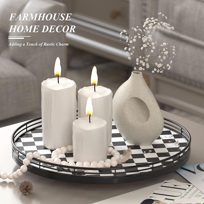 AMH 13-Inch Black and White Checkerboard Lazy Susan with Oak Wood Base | Smooth rotating oak tray with walnut finish for dining tables, kitchen counters, pantries and cabinet storage.