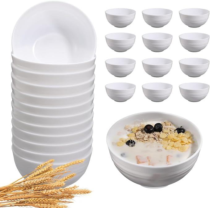 12 Pcs Unbreakable Cereal Bowls Set, 26 Oz Wheat Straw Bowls Set, Microwave & Dishwasher Safe Bowls for Kitchen, Reusable Plastic Bowls for Soup, BPA Free, White (NON-CERAMIC‌)