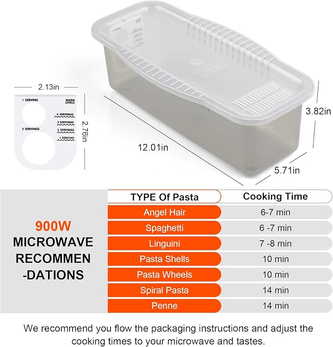 Microwave Pasta Cooker with Strainer Lid & Built-in Measuring Card | Quickly Cook 1-4 Servings-No Mess, Sticking or Waiting for Boil, Pasta Cooker in Microwave for Dorm, RV,Kitchen & Quick Meals