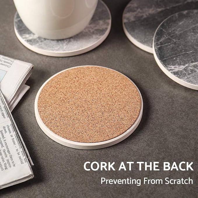 LIFVER Coasters for Drinks Absorbent, Living Room Decor, Ceramic Coasters Set of 6 with Cork Base, Protect Wooden Table or Furniture from Scratched, Drink Coasters with Holder - Grey