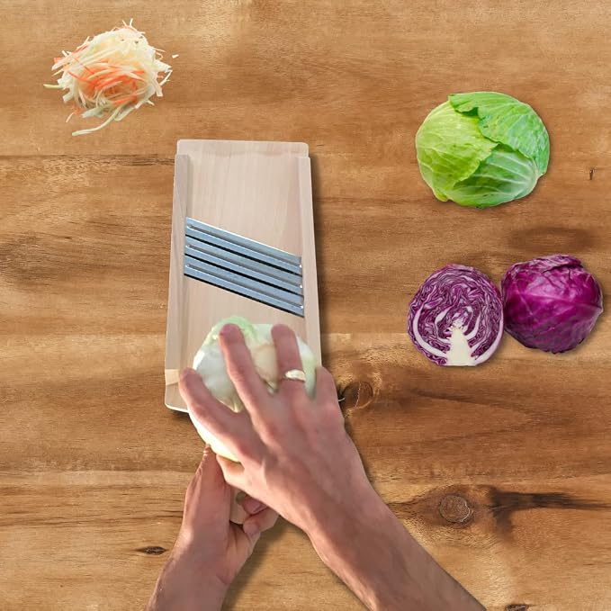 Wooden Cabbage Shredder, Vegetable Slicer | Three Blades, Pre-Oiled, Cut Resistant Glove Included, For Sauerkraut, Coleslaw, Salads