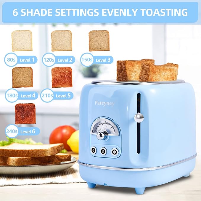 Retro Stainless Steel Toaster - 2 Slice, Extra-Wide Slot, 6 Adjustable Settings, Removable Crumb Tray, Defrost, Cancel, Reheat (Light Blue)