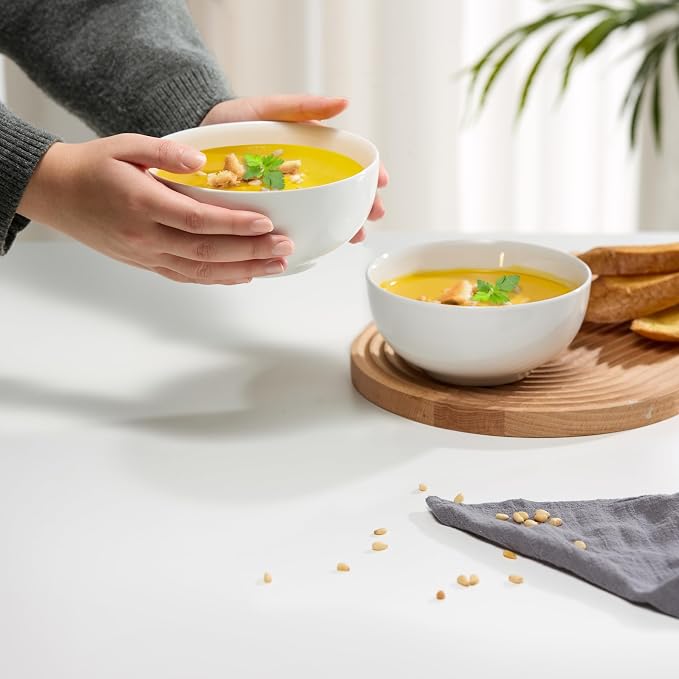 KooK Ceramic Cereal Bowls, Microwave, Dishwasher and Freezer Safe, Porcelain Dishes for Soup, Pasta, Salad, Oatmeal, Deep Interior, 24 oz, Marshmallow White (4)