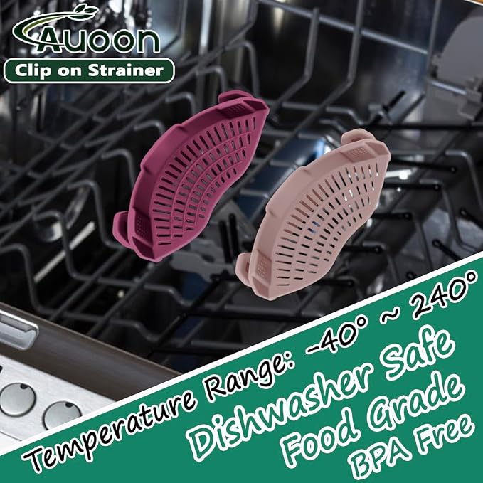 AUOON Clip On Strainer Silicone for Pots, Standard 8.86 x 3.55in, Cherry | Food-grade BPA-free, Fits Pots Pans Bowls, Dishwasher Safe, for Pasta Noodles Vegetable Fruits, Space-saving Kitchen Gadget