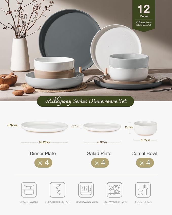 Famiware Milkyway 12-Piece Stoneware Dinnerware Set, Multi-color | Plates and Bowls for 4, Dishes Set for Everyday & Formal Use, Microwave & Dishwasher Safe, Chip & Scratch Resistant