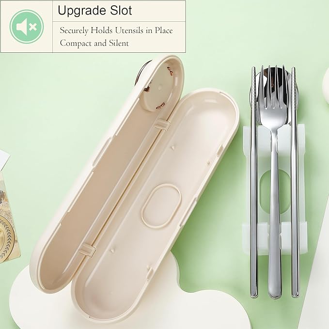 DEVICO Travel Utensils with Case Cute, Reusable Silverware for Lunch, 4Pcs Portable Cutlery Set, 18/8 Stainless Steel Fork Spoon Chopsticks in Cartoon Case, Dishwasher Safe (Light Yellow)
