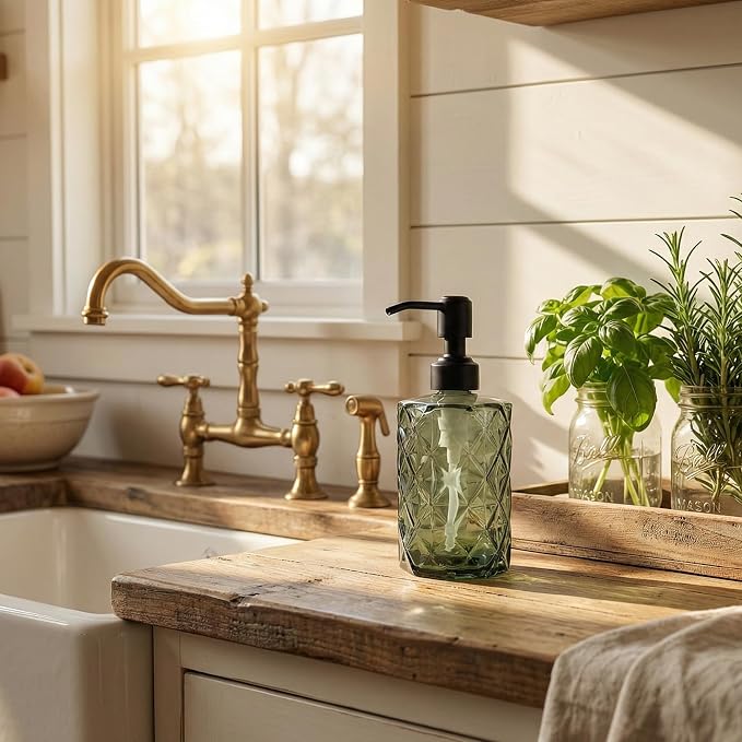 JASAI Forest Green Glass Soap Dispenser with Black Rustproof Pump | Refillable Small Soap Dispenser for Kitchen and Bathroom.