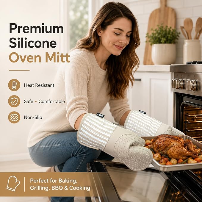 Alselo Silicone Oven Mitts Heat Resistant 932℉ with Waterproof & Non-Slip | Kitchen Mittens Set of 2,Extra Long 7.5"x15" Oven Gloves with Soft Cotton Terry Lining for Baking Cooking BBQ (Khaki,2)