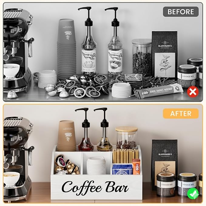 Coffee Station Organizer for Countertop – Wooden Coffee Bar Organizer with Adjustable Dividers,Holds K Cup Pod & syrup bottles, for Kitchen, Office, or Bar and Tea Station, White