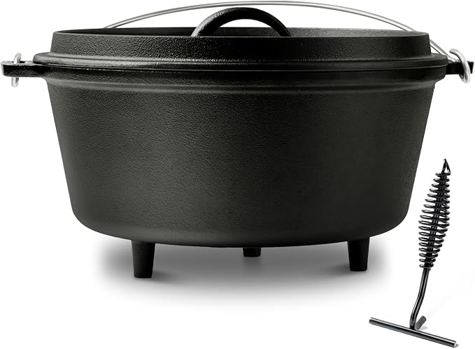 Pre-Seasoned 10QT Large Cast Iron Camping Dutch Oven Pot with Lid | Heavy- Duty Camping Cookware incl. Lid Lifter - Dual Handles - for Outdoor Campfire, Grill, Oven & Stovetop Cooking Black