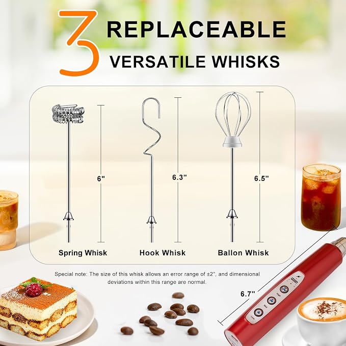 YUSWKO Handheld Milk Frother Wand for Coffee, Rechargeable Electric Whisk with 3 Heads 3 Speeds Drink Mixer Coffee Frother For Latte, Cappuccino, Hot Chocolate, Egg, Red