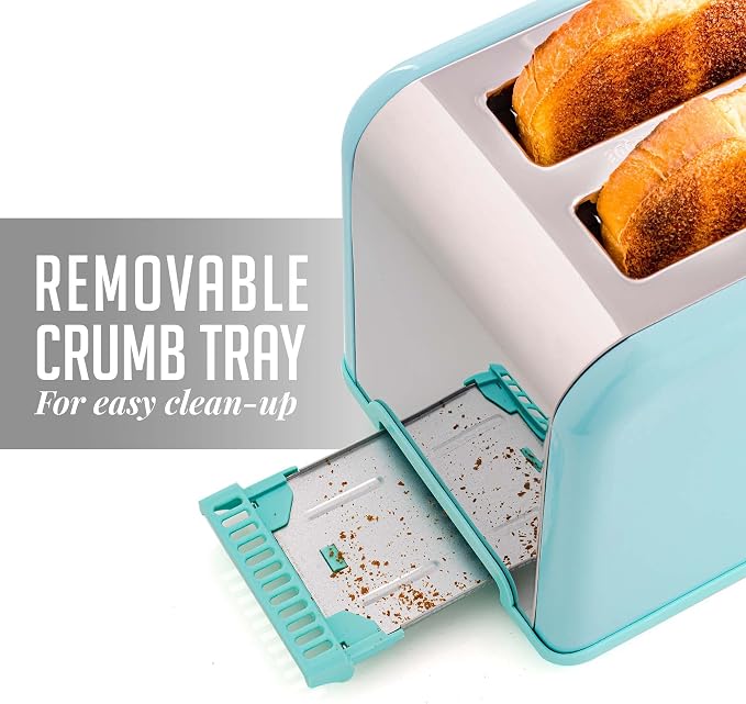 OVENTE 2-Slice Electric Toaster, 825W 6 Browning Setting, Turquoise TS2450T | Perfect for Bagel, and Defrost, with Cancel Functions, Extra-Wide Slots, Stainless Steel Retro Countertop Design