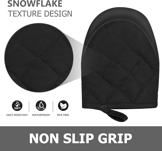 1 Pair Short Oven Mitts - Silicone Kitchen Oven Gloves High Heat Resistant 500℉, Mini Oven Mits with Non-Slip Grip Surfaces and Hanging Loop for BBQ, Baking, Cooking and Grilling (Black)