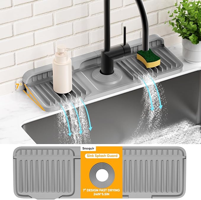 14.6 inch Faucet Mat for Kitchen Sink Splash Guard[7° Slope Fast Self-draining][Snap Lock Fit]Kitchen Sink Faucet Mat Splash Guard Kitchen Sink Area Water Splash Guard Behind Faucet Draining Mat