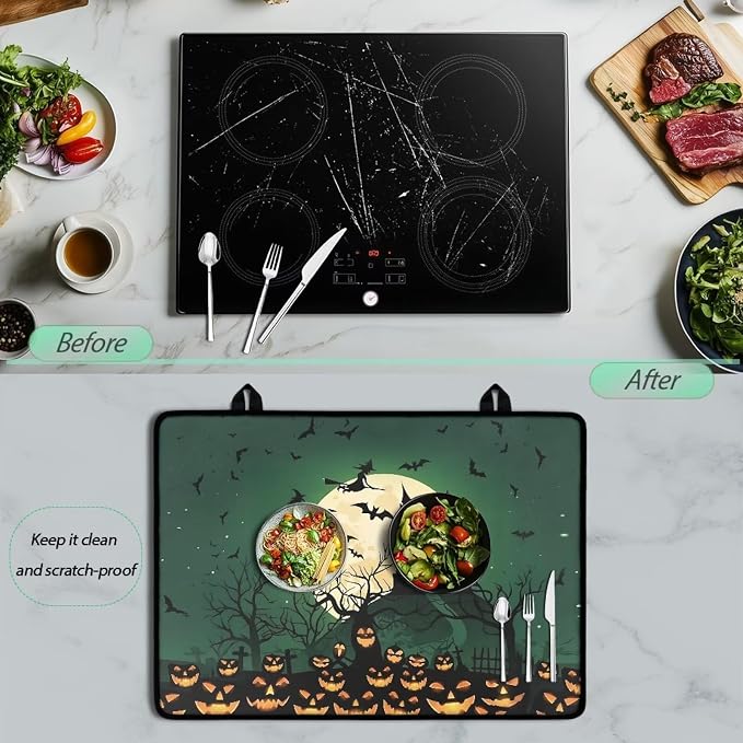 Halloween Castle Stove Top Cover for Electric Stove(30 x21 Inches), Insulation Counter Tops Cover, Heat Resistant Glass Cooktop Protector, Folding Dish Drying Mats for Kitchen