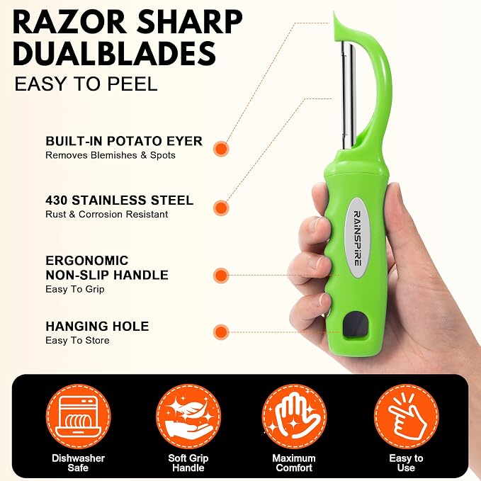 Rainspire Vegetable Peeler Potato Peelers for Kitchen, Sharp Stainless Steel Blades Veggie, Comfortable Handle Fruit Peeler, Carrot Peeler Apple Peeler Dishwasher Safe (2, Green)