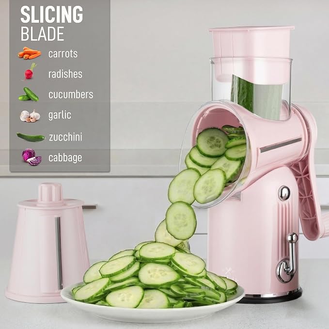 Zulay Kitchen Rotary Cheese Grater 5 Blade Cheese Shredder - Manual Hand Crank Cheese Grater With Reinforced Suction & 5 Interchangeable Drums - Easy to Use, Vegetable Chopper Round Mandoline Slicer
