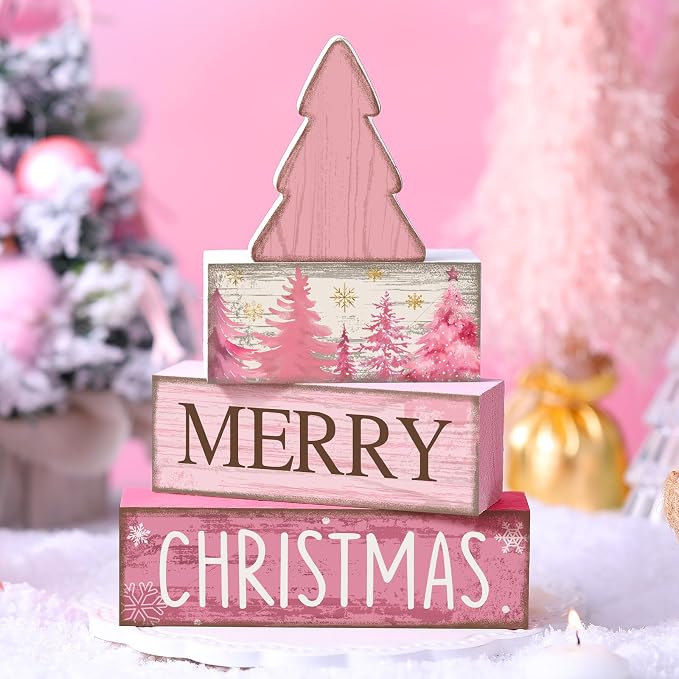 Lineshading 4 Pcs Wooden Merry Christmas Block Signs Pink Farmhouse Decor | Rustic Signs for Tiered Tray, Tabletop Centerpiece, Holiday Theme Display, Tree Shape Topper Included, Gift Ready