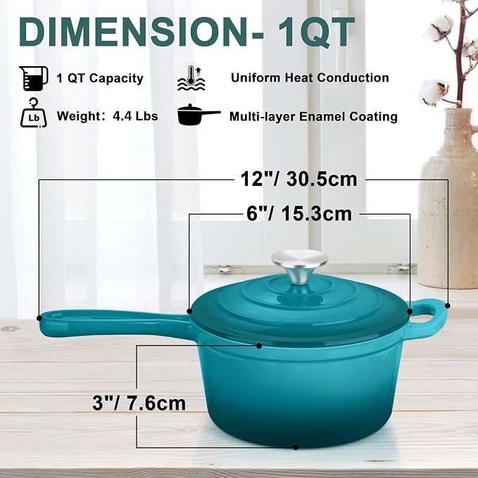 Leonyo 1 Quart Cast Iron Saucepan, Small Enamel Dutch Oven, Lake Green | For All Kitchen Cooktops Cooking Pasta, Soup, Egg, Up to 500°F & 4.4Lbs