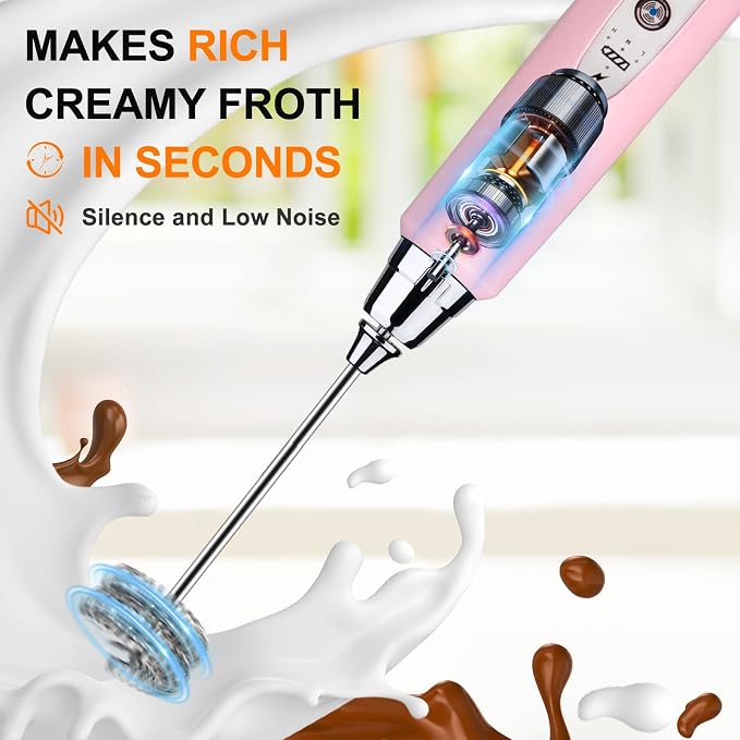 YUSWKO Handheld Milk Frother Wand for Coffee, Rechargeable Electric Whisk with 3 Heads 3 Speeds Drink Mixer Coffee Frother For Latte, Cappuccino, Hot Chocolate, Egg, Pink with Holder