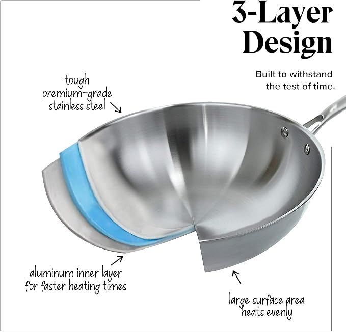 Willow & Everett Stainless Steel Flat Bottom Wok Pan, Professional Traditional Stir Fry Cookware w/Domed Lid & Spatula, Low Maintenance Rust & Scratch Resistant for Induction Gas Electric Stove Top