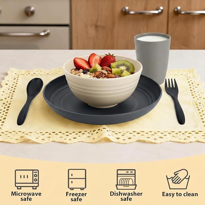 Wheat Straw Dinnerware Sets 20 PCS - Unbreakable Plates and Bowls Set | Plastic Dishes Set for 4, Lightweight Camp Dishes for Outdoor and Family Gatherings.
