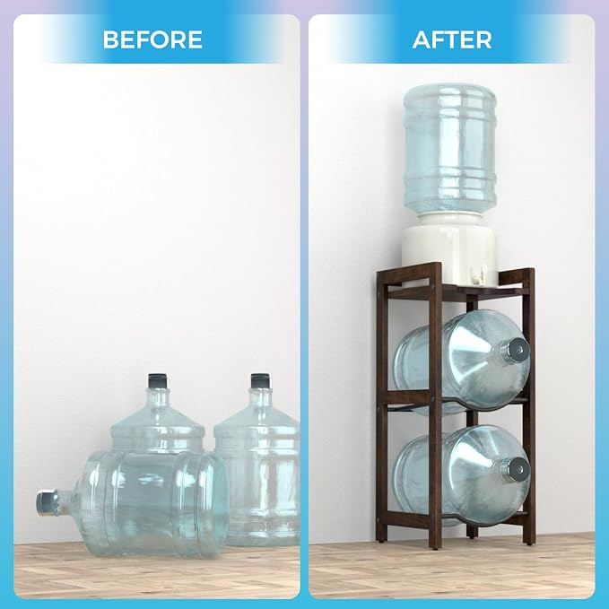 5 Gallon Water Jug Holder With Top Shelves, Natural Solid Wood Water Dispenser Stand 31"H, 3-Tiers Jug Stand, Water Cooler Jug Rack, 5 Gallon Water Bottle Holder With 2 Slot & Top Shelf (Walnut Color)