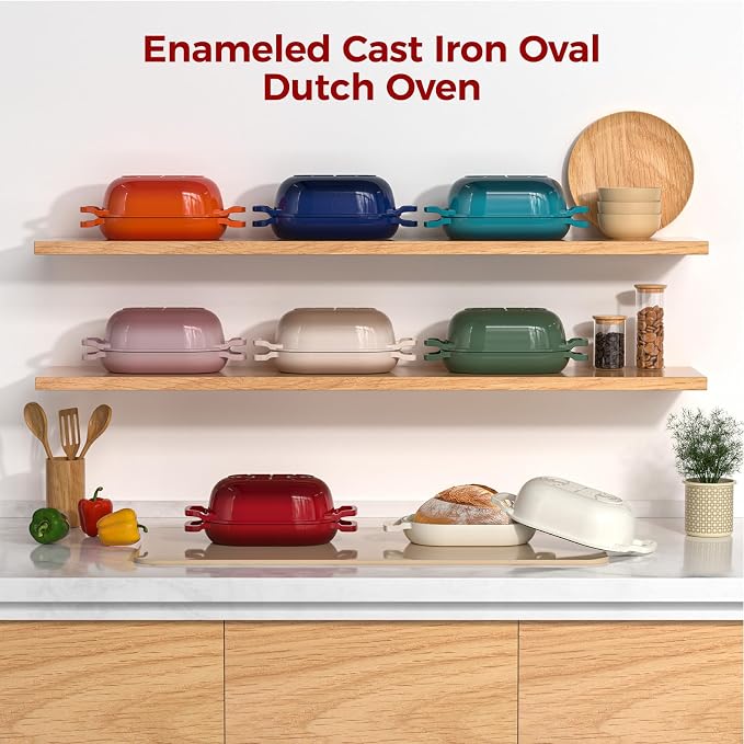 Wildone Enameled Cast Iron Dutch Oven Pot with Lid, Oval Bread Oven | Loaf Cast Iron Bread Pan for Homemade Bread Baking, Meatloaf Pan with Lid, 5.5QT, Red