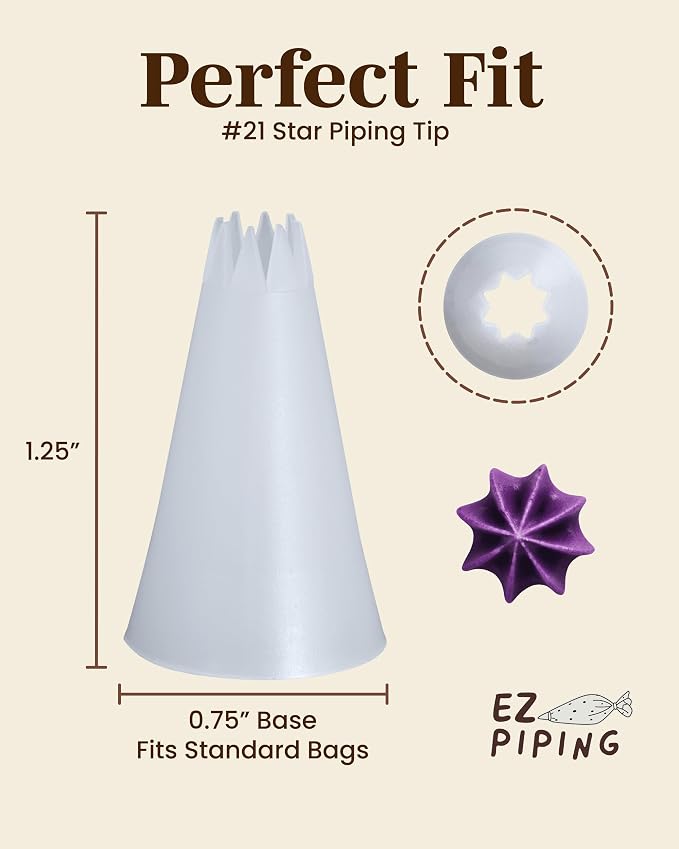Reusable Plastic Piping Tips, Nozzles Standard Size Star Tip #21 (20pcs) | EZPiping Icing Nozzles with 2 couplers for Cake Decoration and Dessert Design, Baking Supplies Base Ø 0.75" Height 1.25"